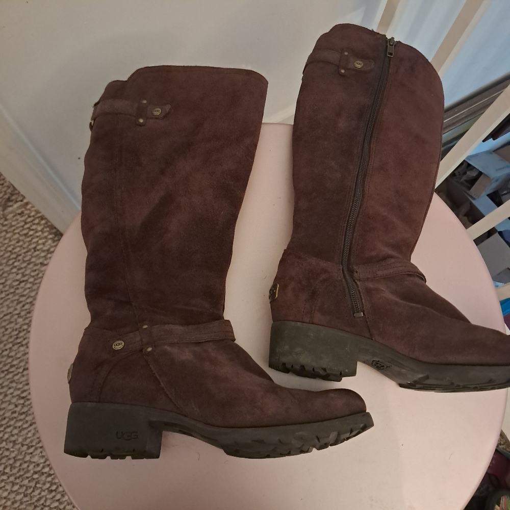 UGG Boots Women's 8 Brown Jillian Riding Boots Suede Heeled Sheepskin Cozy - Picture 5 of 7
